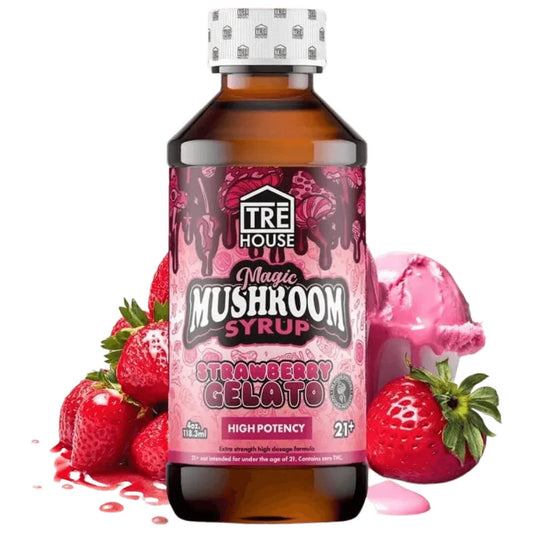 Indulgence Awaits with Tre House's Strawberry Gelato Magic Mushroom Syrup - A Fusion of Flavor and Wonder.