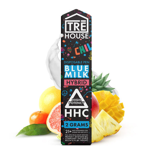 Tre House HHC disposable vape with blue milk terpenes.