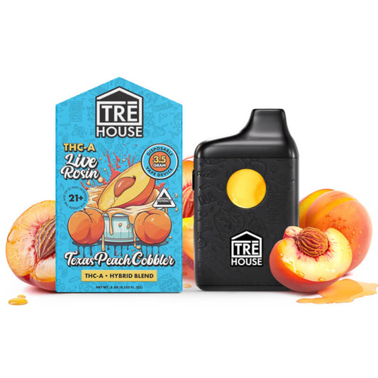 This is a photo render of Trehouse Texas Peach Cobbler, Live Rosin 3.5g THC-A vape cart, with pre-heat push-button technology.