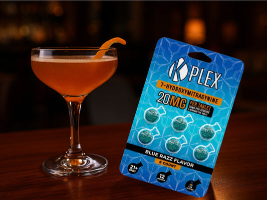  7OH tablets beside a craft cocktail in a Las Vegas lounge, symbolizing a new social experience and nightlife ritual.