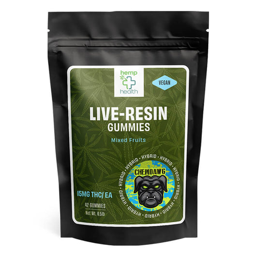Chemdawg Hybrid Live Resin Gummies are packaged in a 42-ct bag and contain 15mg Delta 9 THC per gummy. They are vegan and hemp-derived.