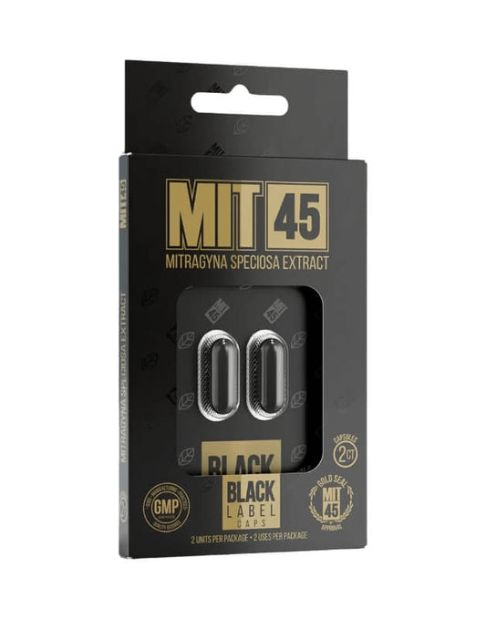 MIT45 Black Label Kratom Capsules, showcasing the potent and premium blend for an enhanced kratom experience. Free shipping on all orders