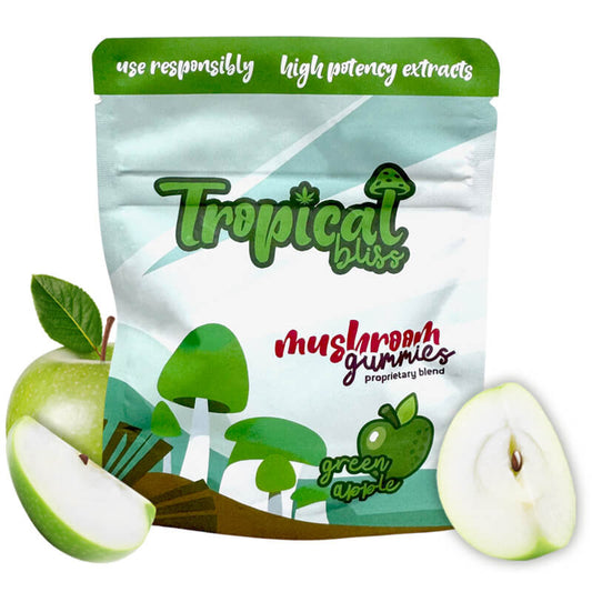 Tropical Bliss Green Apple Magic Mushroom Gummies in a package.