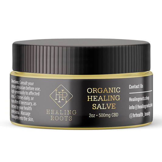 A rendering of Healing Roots 2oz jar of CBD Healing Salve for pain. 