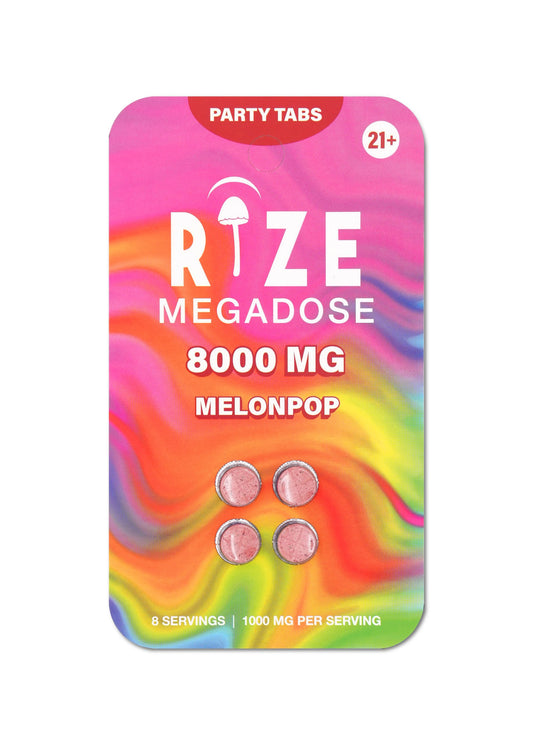 Melon Pop Mushroom Party Tabs 8000mg blister pack — four pre-scored fresh juicy melon mushroom blend tablets with bright, clean, light green summer packaging.