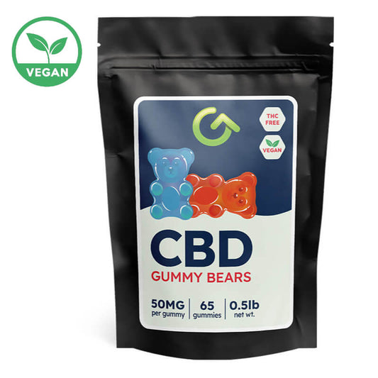 Photo rendering for the Good CBD brand 50mg CBD vegan gummy bears. 