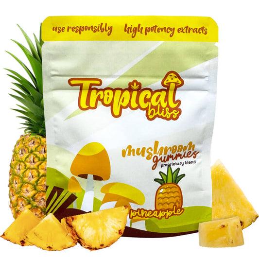 Tropical Bliss Pineapple Magic Mushroom Gummies in a package.
