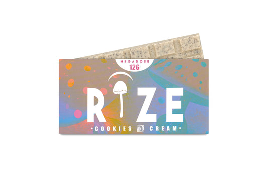 Rize of Hope 12g Cookies and Cream Mushroom Chocolate Bar front packaging with 10 tiles of organic white chocolate infused with crushed Oreos and mushroom extract available at HempHealthNow.
