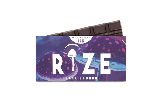 Rize of Hope 12g Dark Crunch Mushroom Chocolate Bar front packaging with 10 tiles of 70 percent organic dark chocolate infused with crushed cookies and mushroom extract available at HempHealthNow.
