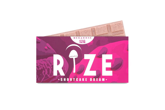 Rize of Hope 12g Shortcake Dream Mushroom Chocolate Bar front packaging with 24 tiles of organic white chocolate infused with freeze-dried strawberries, shortcake crumbs, and mushroom extract available at HempHealthNow.