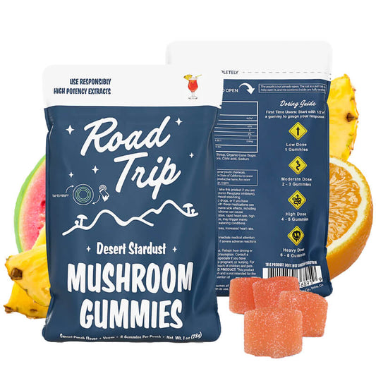 Road Trip Desert Stardust Sunset Punch Mushroom Gummies 8-count pouch featuring a vegan THC-free blend of Turkey Tail, Lion's Mane, Cordyceps, Chaga, and nootropics available at HempHealthNow