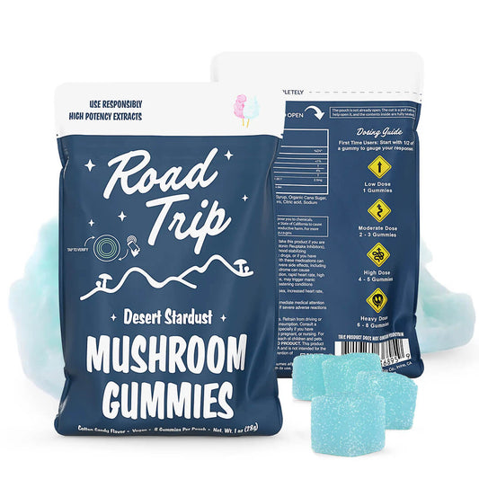 Road Trip Desert Stardust Cotton Candy Mushroom Gummies 8-count pouch featuring a vegan THC-free functional mushroom and nootropic blend available at HempHealthNow