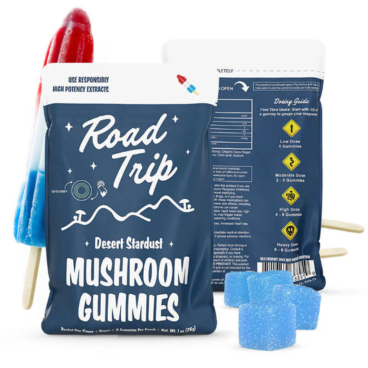 Road Trip Desert Stardust Rocket Pop Mushroom Gummies 8-count pouch featuring a vegan THC-free blend of Turkey Tail, Lion's Mane, Cordyceps, Chaga, and nootropics available at HempHealthNow