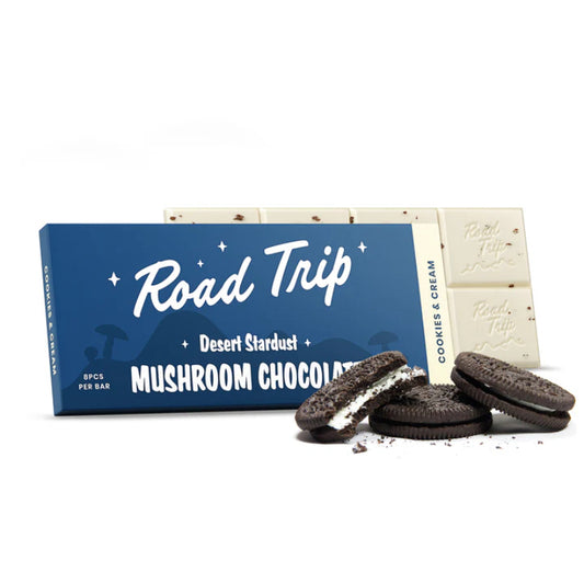 Road Trip Desert Stardust Mushroom Chocolate Bar Cookies and Cream flavor with white chocolate and cookie crumble squares.