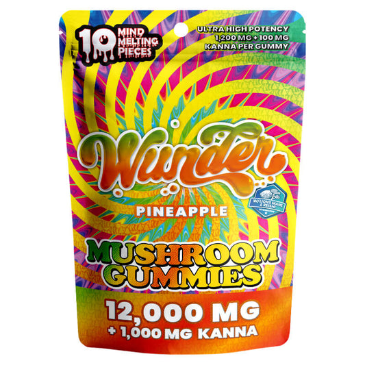 Wunder High Potency Mushroom and Kanna Gummies Pineapple 12000mg 10 count bag front packaging on white background