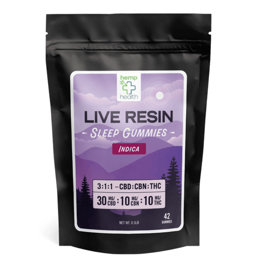 A bag of Delta 9 + CBN Live Resin Sleep Gummies containing 42 vegan gummies. The bag is partially transparent, showcasing the colorful gummies inside, placed on a serene background.