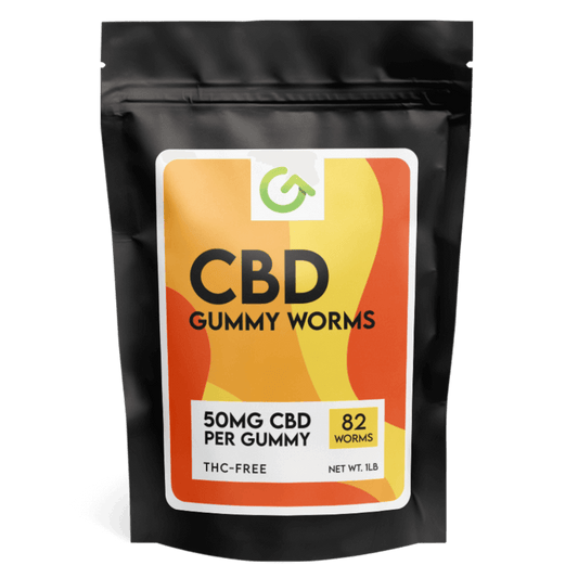 A vibrant package of 50mg CBD Gummy Worms featuring assorted flavors like Blue Raspberry, Lemon, Orange, Cherry, and Green Apple, emphasizing their natural, relaxing qualities.