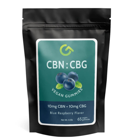 Blu Razz CBN+CBG Gummies Bag - 65 Vegan Gummies for Enhanced Wellness.