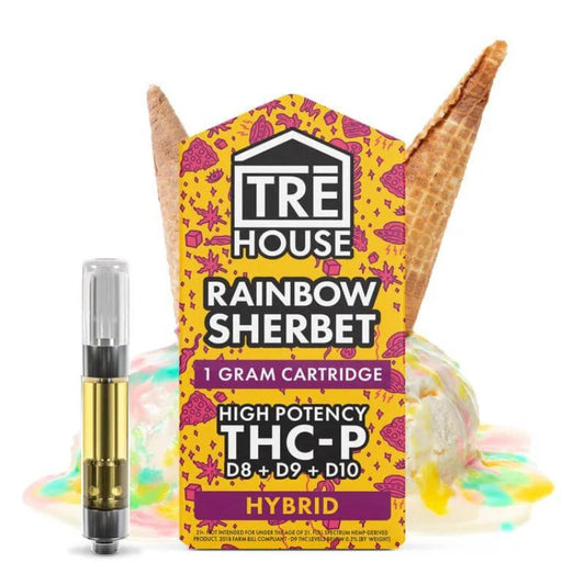 a photo of Tre House Vape Cart with D8+D9+D10+THCP Hybrid Rainbow Sherbert