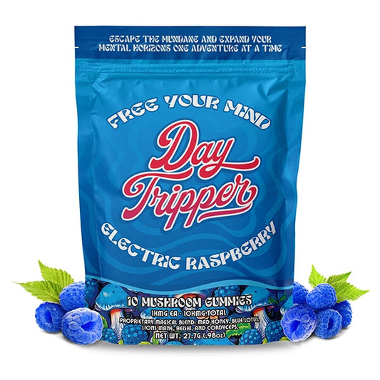 Pouch of Day Tripper Electric Blue Raspberry mushroom gummies with resealable packaging.