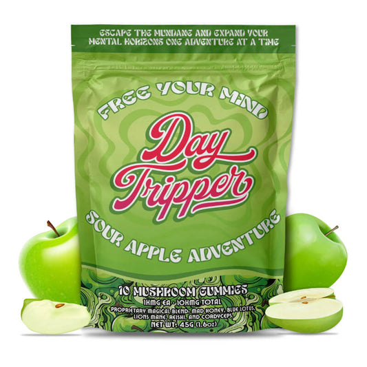 Pouch of Day Tripper Apple mushroom gummies showing crisp apple flavor and resealable packaging.