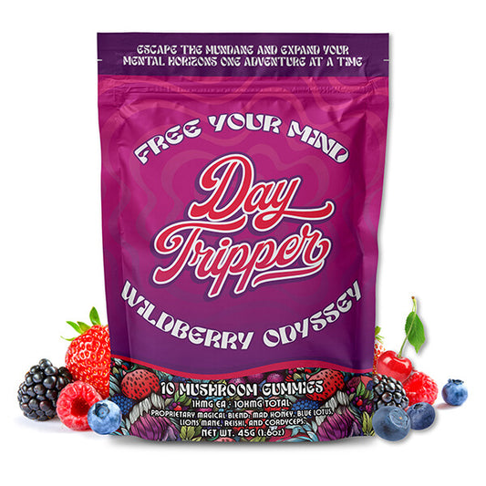 Pouch of Day Tripper Wildberry mushroom gummies showing mixed-berry flavor and resealable packaging.