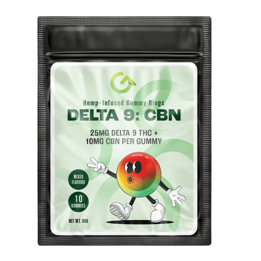 Image of Delta 9 Gummies pack with CBN, showcasing Watermelon, Peach, Blue Raspberry, and Apple flavors.