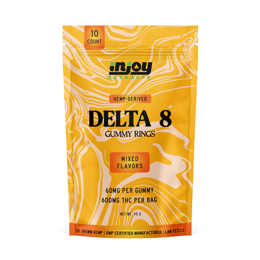 A vibrant bag containing 10 rings of 60mg of delta 8 gummies. 