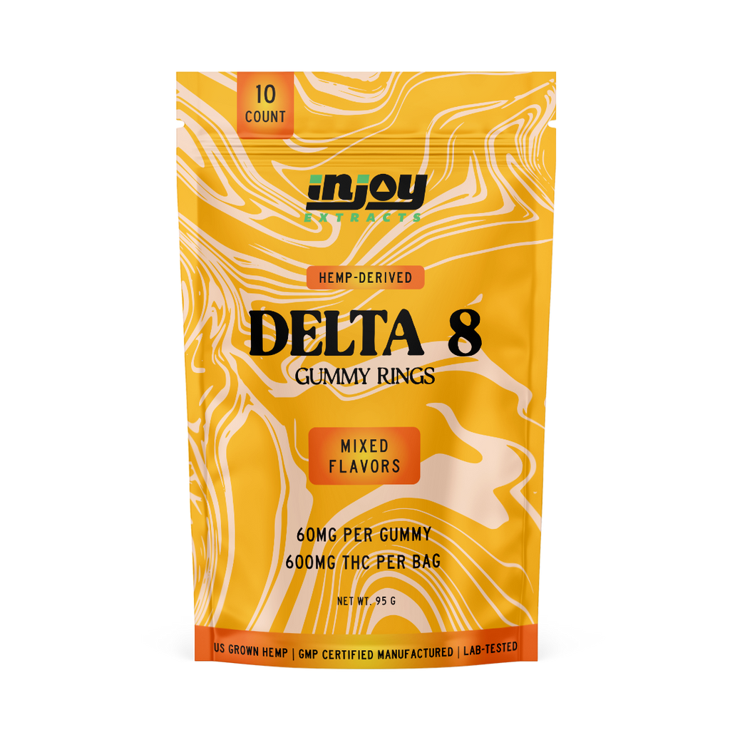 A vibrant bag containing 10 rings of 60mg of delta 8 gummies. 