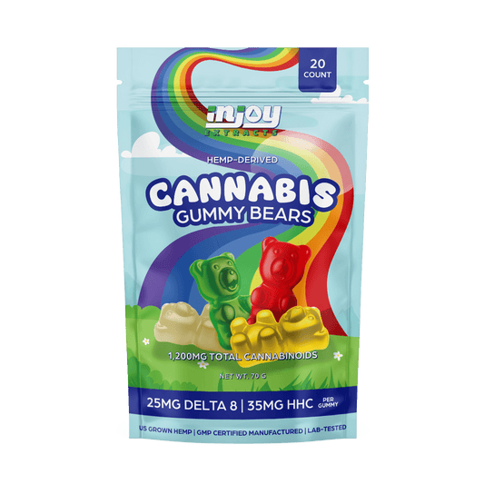 Cannabis gummy bears with 25mg of delta 8 thc and 35mg HHC, theres 20 gummy bears per pack,