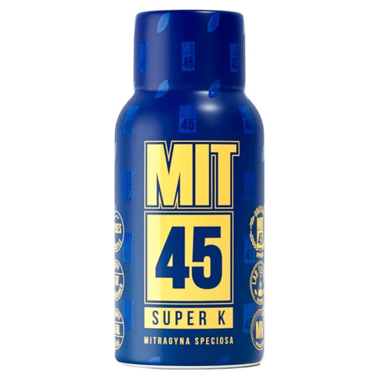 Picture of MIT45 Super K Liquid Kratom Shot in blue bottle.