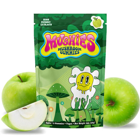 Magic Mushies Apple Mushroom Gummies front packaging Proprietary Nootropic Mushroom Blend vegan lab-tested USA-made.
