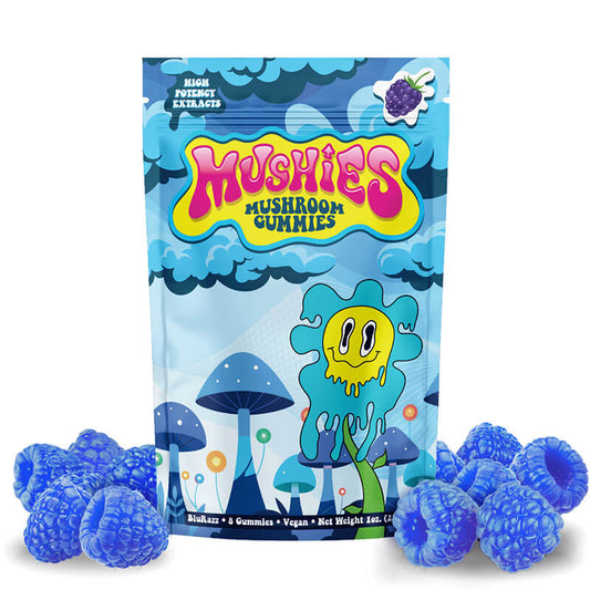Magic Mushies Blue Raspberry Mushroom Gummies front packaging dynamic formula vegan lab-tested USA-made.