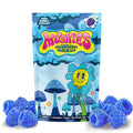 Magic Mushies Blue Raspberry Mushroom Gummies front packaging dynamic formula vegan lab-tested USA-made.
