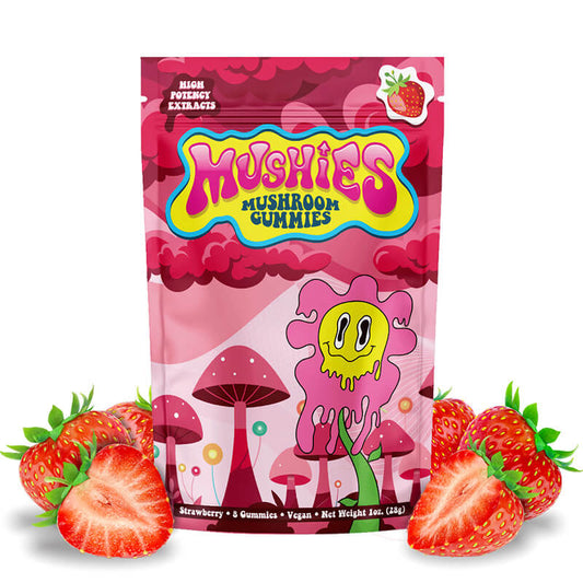 Magic Mushies Strawberry Mushroom Gummies front packaging dynamic formula vegan lab-tested USA-made.