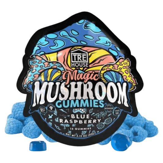 Vegan Blue Raspberry Magic Mushroom Gummies pack by TRĒ House, offering a sweet, euphoric journey with natural ingredients.