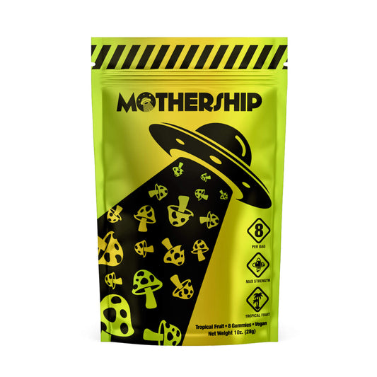 Mothership Extra Strength Mushroom Gummies, Tropical Fruit flavor, 8 count bag with vibrant island fruit design and extra strength label available at HempHealthNow.