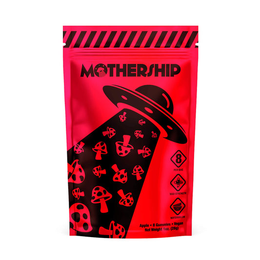 Mothership Extra Strength Mushroom Gummies Watermelon 8 count bag with fresh watermelon flavor design available at HempHealthNow.