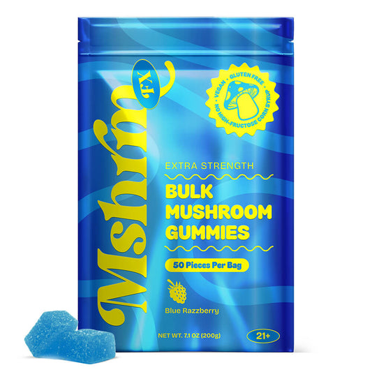 Blue Raspberry Bag: MshrooM FX Extra Strength Bulk Mushroom Gummies Blue Raspberry 50 count resealable bag at HempHealthNow