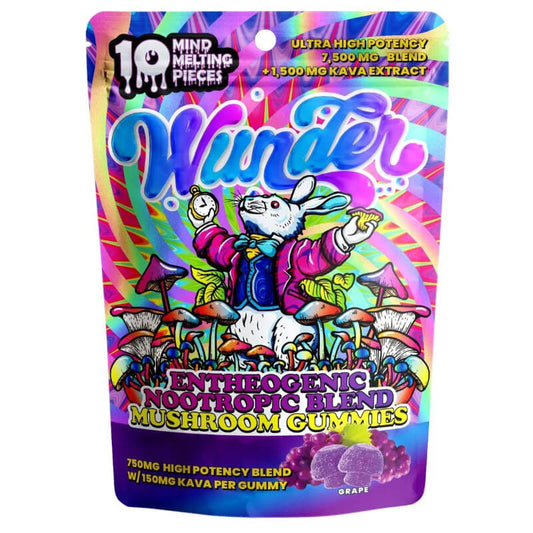 Front view of Wunderland's Kava Mushroom Gummies bag.