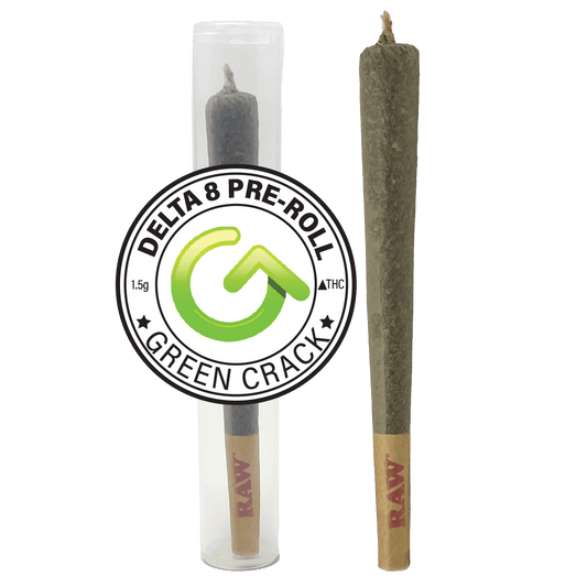 A pre-rolled joint of Green Crack Delta 8, showcasing its energizing and focus-enhancing qualities.