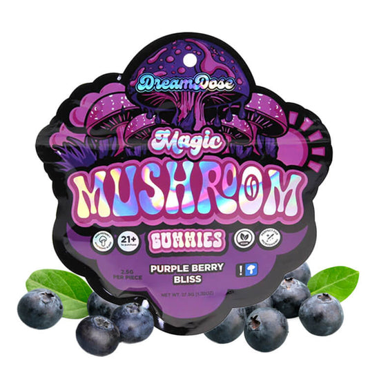 Photo rendering of product Dream Dose brand magic mushroom gummies Purple Berry Bliss flavor. 