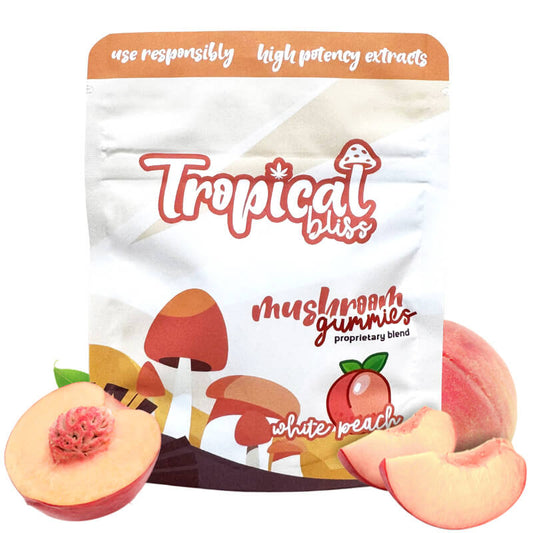 Tropical Bliss White Peach Magic Mushroom Gummies in a package.