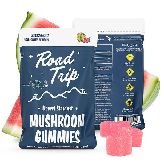 Road Trip Desert Stardust Watermelon Mushroom Gummies 8-count pouch featuring a vegan THC-free blend of Turkey Tail, Lion's Mane, Cordyceps, Chaga, and nootropics available at HempHealthNow.