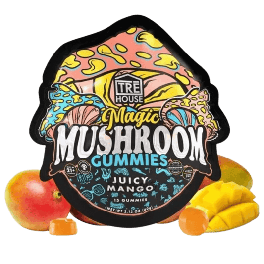 Juicy Mango Magic Mushroom Gummies in a vibrant package, highlighting the all-natural, vegan ingredients for an enhanced cosmic journey.