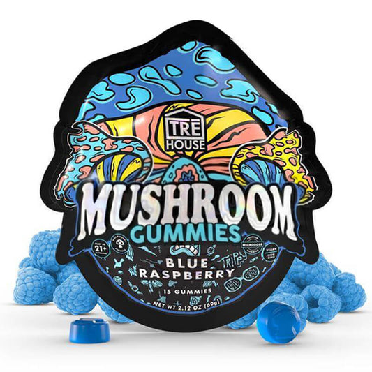 Vegan Blue Raspberry Magic Mushroom Gummies pack by TRĒ House, offering a sweet, euphoric journey with natural ingredients.