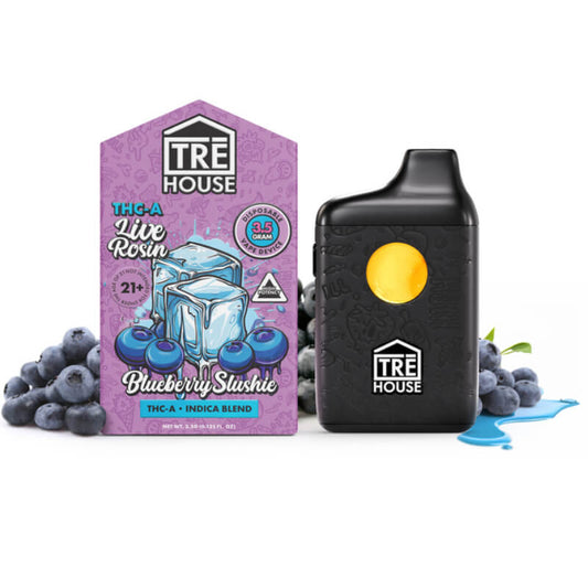 A photo rendering of the TRĒ House Live THC-A Rosin Vape Pen with Blueberry Slushie strain in a sleek 3.5g disposable.