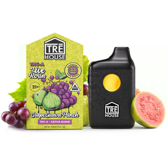 This is a photo of Trehouse Grape Guava Punch, Live Rosin 3.5g THC-A vape cart, with pre-heat push-button technology. 