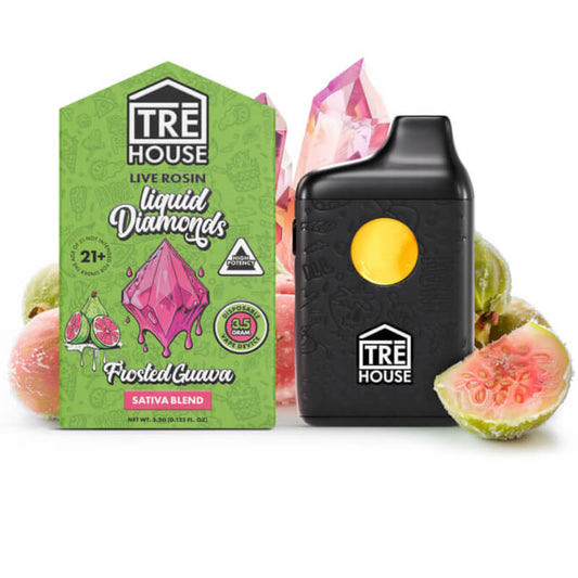 A photo rendering of the TRĒ House Live Rosin Liquid Diamonds Vape with Frosted Guava terpene flavor in a 3.5g disposable pen.