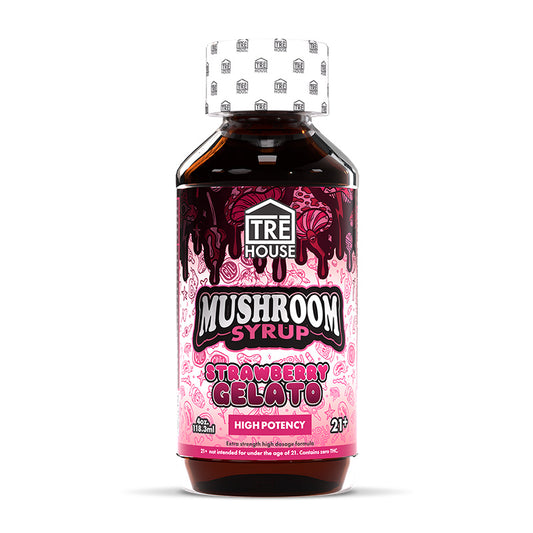 Indulgence Awaits with Tre House's Strawberry Gelato Magic Mushroom Syrup - A Fusion of Flavor and Wonder.